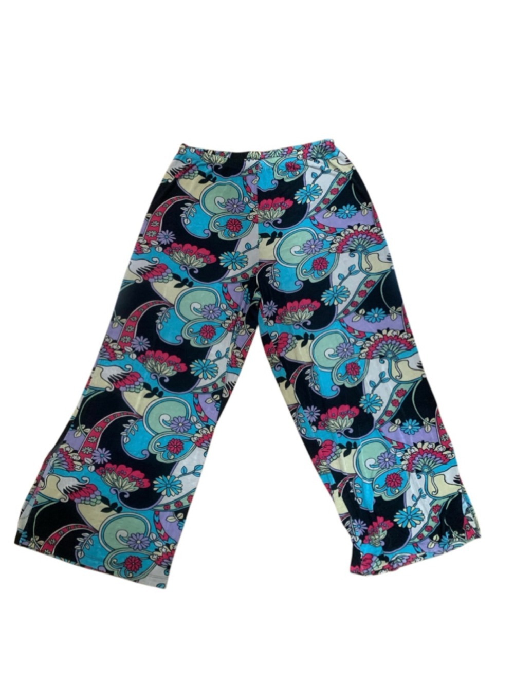 Vtg 90’s Women's Volup Slinky Brand Wide Leg Pants, Multi-Color Floral Print